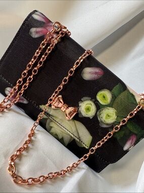 Ted Baker Black Floral Clutch with Rose Gold Bow & Chain